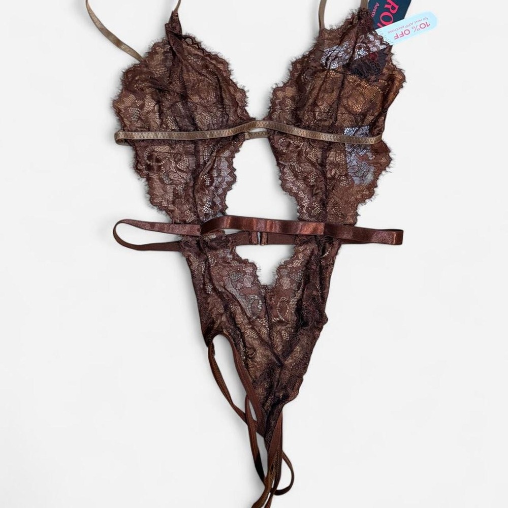 Romwe Brown Floral Lace Cutout Teddy Bodysuit Lingerie Eyelash Trim Size M‎ NWT
